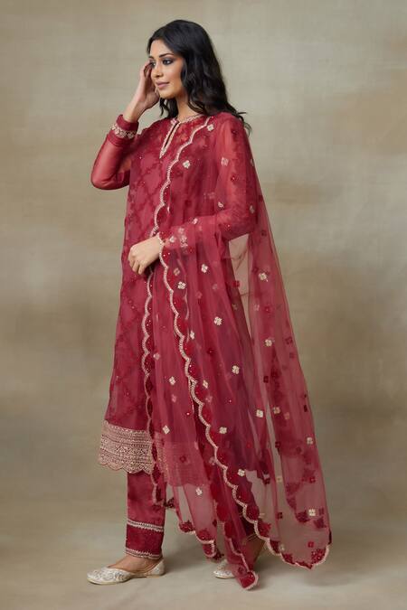 Shop_SHASHA GABA_Maroon Crepe, Silk Organza, Satin Sequins, Floral Thread Kurta Pant Set _Online_at_Aza_Fashions