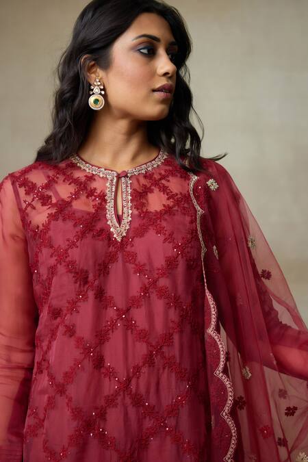 SHASHA GABA_Maroon Crepe, Silk Organza, Satin Sequins, Floral Thread Kurta Pant Set _at_Aza_Fashions