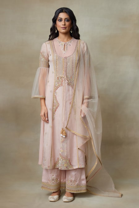 SHASHA GABA_Pink Denim, Silk Organza, Linen Zari, Sequins, Embroidery Round Jacket Kurta Set _Online_at_Aza_Fashions