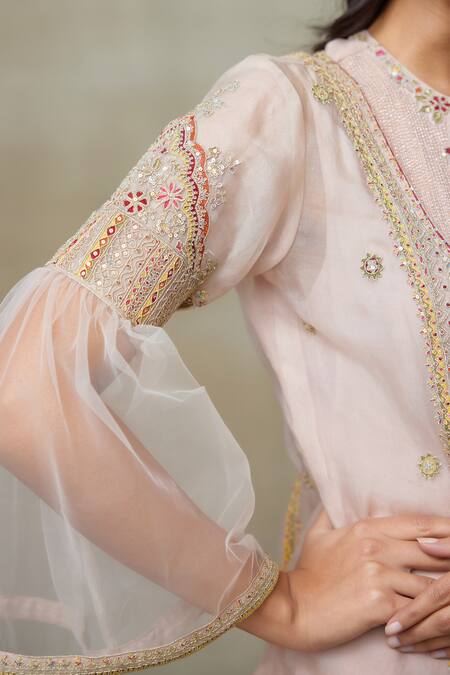 Buy_SHASHA GABA_Pink Denim, Silk Organza, Linen Zari, Sequins, Embroidery Round Jacket Kurta Set _Online_at_Aza_Fashions