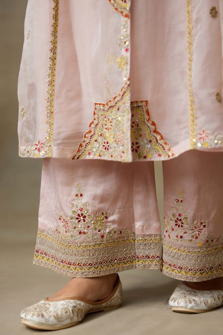 Shop_SHASHA GABA_Pink Denim, Silk Organza, Linen Zari, Sequins, Embroidery Round Jacket Kurta Set _Online_at_Aza_Fashions