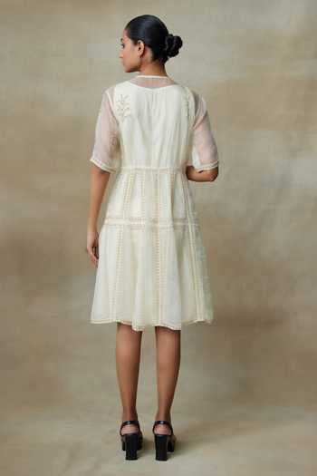 Shop SHASHA GABA Ivory Silk Organza Beads, Embroidery Crew Neck Dress at Aza Fashions Shop_SHASHA GABA_Ivory Silk Organza Beads, Embroidery Crew Neck Dress _at_Aza_Fashions