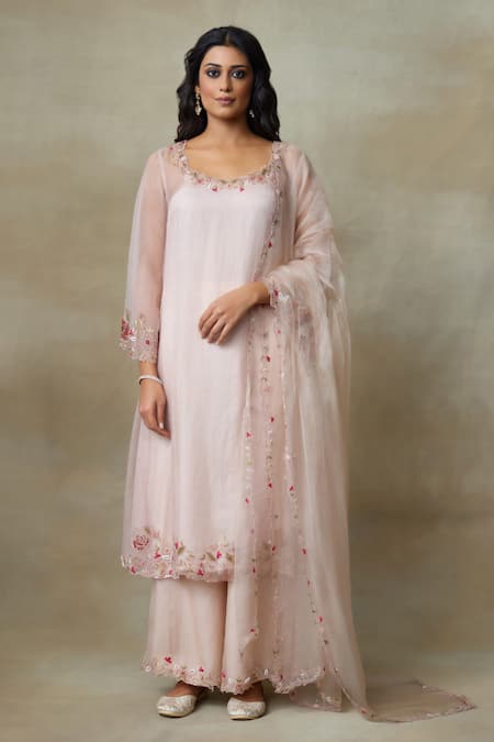 SHASHA GABA Pink Silk Organza Embroidery, Beads Scoop Neck Placement Floral Kurta Set 
