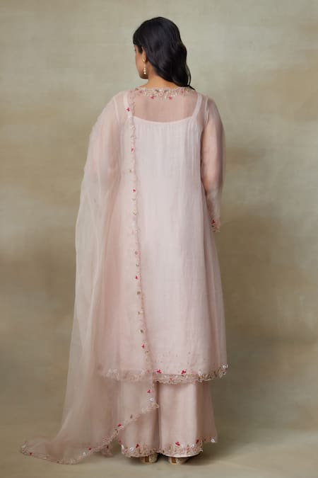 Shop_SHASHA GABA_Pink Silk Organza Embroidery, Beads Scoop Neck Placement Floral Kurta Set _at_Aza_Fashions