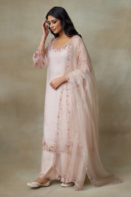 SHASHA GABA_Pink Silk Organza Embroidery, Beads Scoop Neck Placement Floral Kurta Set _Online_at_Aza_Fashions