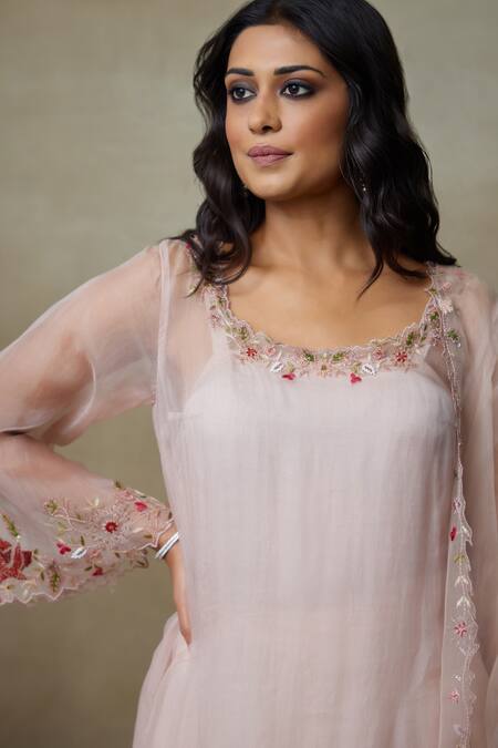 Buy_SHASHA GABA_Pink Silk Organza Embroidery, Beads Scoop Neck Placement Floral Kurta Set _Online_at_Aza_Fashions