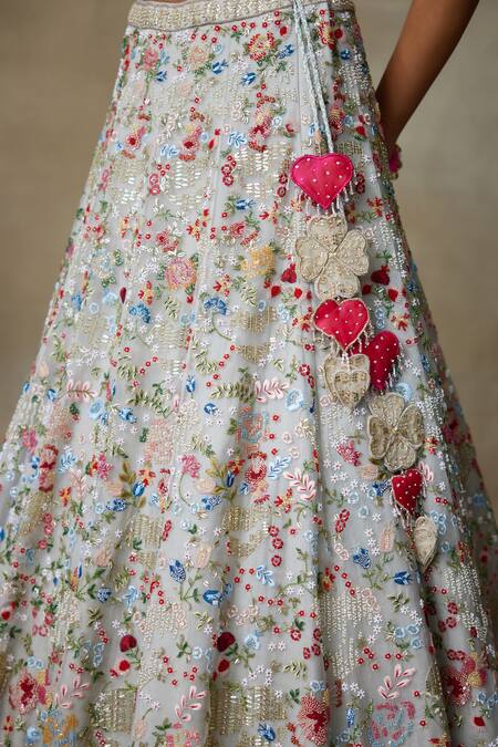 SHASHA GABA Grey Organza, Chanderi Embroidery, Tassels, Floral Bridal Lehenga Set Online at Aza Fashions SHASHA GABA_Grey Organza, Chanderi Embroidery, Tassels, Floral Bridal Lehenga Set _Online_at_Aza_Fashions