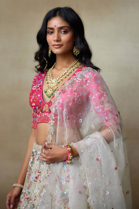 Shop SHASHA GABA Grey Organza, Chanderi Embroidery, Tassels, Floral Bridal Lehenga Set Online at Aza Fashions Shop_SHASHA GABA_Grey Organza, Chanderi Embroidery, Tassels, Floral Bridal Lehenga Set _Online_at_Aza_Fashions