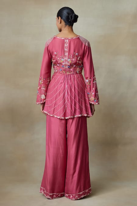 Shop SHASHA GABA Wine Silk Embroidery V-neck Floral Peplum Top And Palazzo Set at Aza Fashions Shop_SHASHA GABA_Wine Silk Embroidery V-neck Floral Peplum Top And Palazzo Set _at_Aza_Fashions