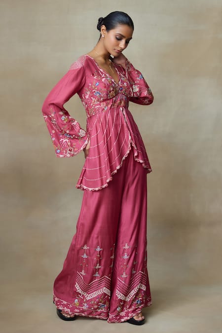 SHASHA GABA Wine Silk Embroidery V-neck Floral Peplum Top And Palazzo Set Online at Aza Fashions SHASHA GABA_Wine Silk Embroidery V-neck Floral Peplum Top And Palazzo Set _Online_at_Aza_Fashions