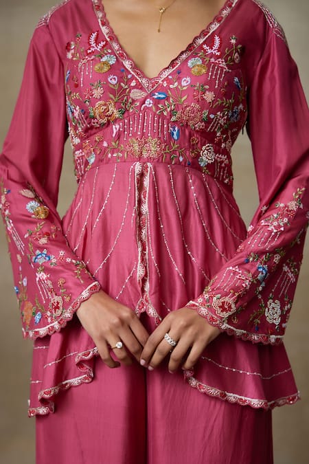 Buy SHASHA GABA Wine Silk Embroidery V-neck Floral Peplum Top And Palazzo Set Online at Aza Fashions Buy_SHASHA GABA_Wine Silk Embroidery V-neck Floral Peplum Top And Palazzo Set _Online_at_Aza_Fashions
