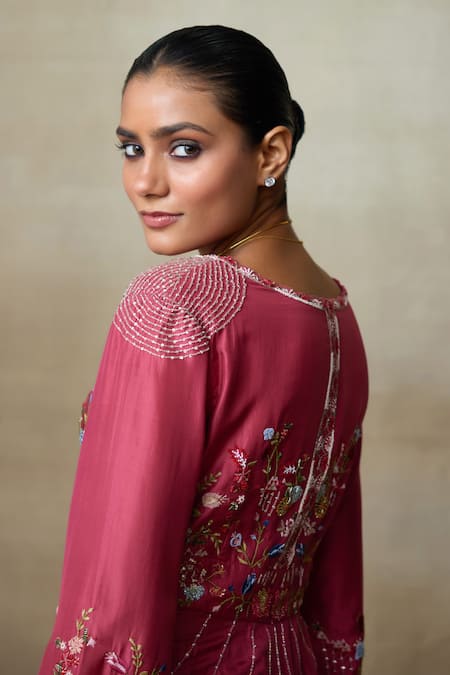 Shop SHASHA GABA Wine Silk Embroidery V-neck Floral Peplum Top And Palazzo Set Online at Aza Fashions Shop_SHASHA GABA_Wine Silk Embroidery V-neck Floral Peplum Top And Palazzo Set _Online_at_Aza_Fashions