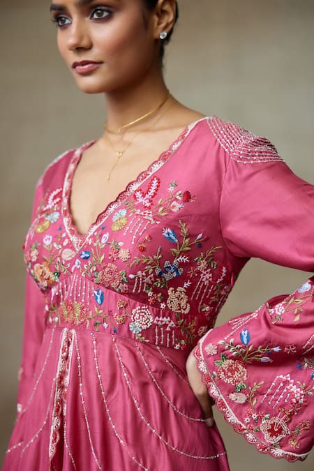 SHASHA GABA Wine Silk Embroidery V-neck Floral Peplum Top And Palazzo Set at Aza Fashions SHASHA GABA_Wine Silk Embroidery V-neck Floral Peplum Top And Palazzo Set _at_Aza_Fashions