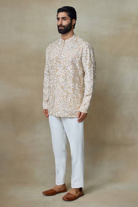 SHASHA GABA Beige Silk Embroidery, Beads Floral Short Kurta Online at Aza Fashions SHASHA GABA_Beige Silk Embroidery, Beads Floral Short Kurta _Online_at_Aza_Fashions