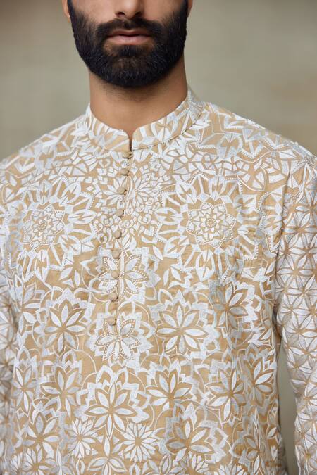 Shop SHASHA GABA Beige Silk Embroidery, Beads Floral Short Kurta Online at Aza Fashions Shop_SHASHA GABA_Beige Silk Embroidery, Beads Floral Short Kurta _Online_at_Aza_Fashions