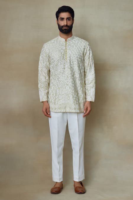 SHASHA GABA_Yellow Silk Pearls, Embroidery Geometric Short Kurta _Online_at_Aza_Fashions