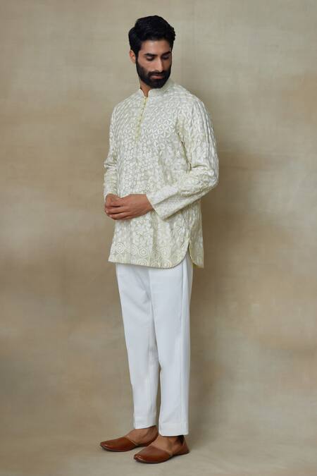 Buy_SHASHA GABA_Yellow Silk Pearls, Embroidery Geometric Short Kurta _Online_at_Aza_Fashions