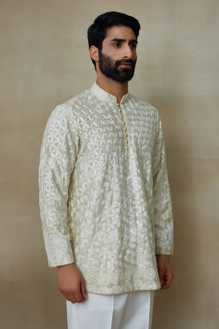 Shop_SHASHA GABA_Yellow Silk Pearls, Embroidery Geometric Short Kurta _Online_at_Aza_Fashions