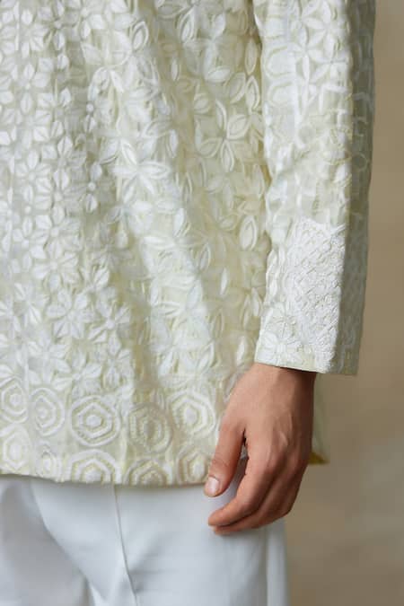 SHASHA GABA_Yellow Silk Pearls, Embroidery Geometric Short Kurta _at_Aza_Fashions