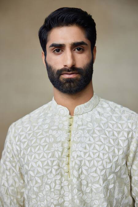 Buy_SHASHA GABA_Yellow Silk Pearls, Embroidery Geometric Short Kurta 