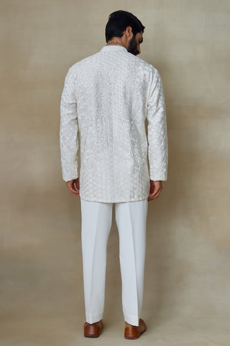 Shop_SHASHA GABA_Ivory Silk Pearls, Embroidery Resham Work Short Kurta _at_Aza_Fashions