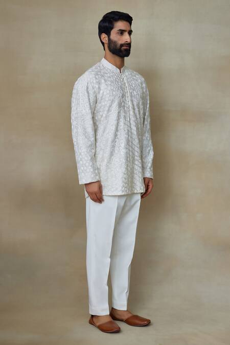 SHASHA GABA_Ivory Silk Pearls, Embroidery Resham Work Short Kurta _Online_at_Aza_Fashions