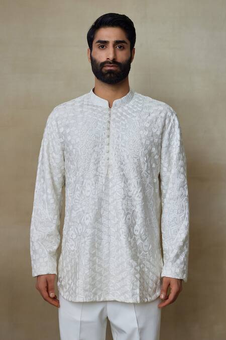 Buy_SHASHA GABA_Ivory Silk Pearls, Embroidery Resham Work Short Kurta _Online_at_Aza_Fashions