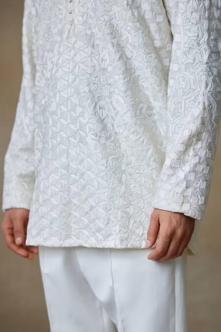 Shop_SHASHA GABA_Ivory Silk Pearls, Embroidery Resham Work Short Kurta _Online_at_Aza_Fashions