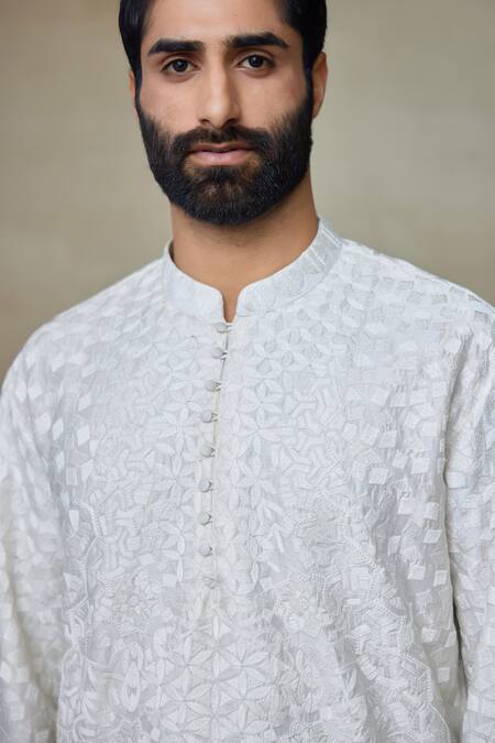 SHASHA GABA_Ivory Silk Pearls, Embroidery Resham Work Short Kurta _at_Aza_Fashions
