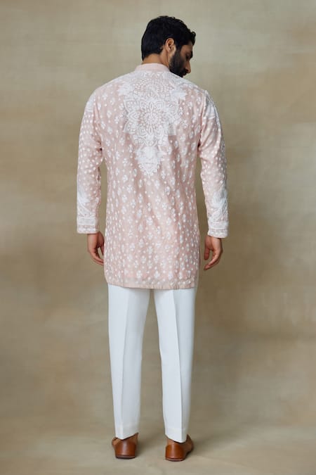 Shop_SHASHA GABA_Pink Silk Pearls, Embroidery Resham Short Kurta _at_Aza_Fashions