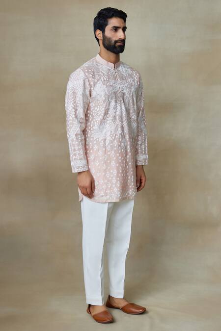 SHASHA GABA_Pink Silk Pearls, Embroidery Resham Short Kurta _Online_at_Aza_Fashions