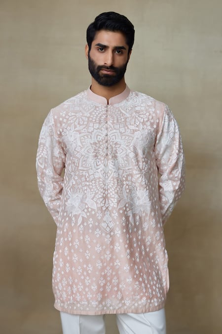 Buy_SHASHA GABA_Pink Silk Pearls, Embroidery Resham Short Kurta _Online_at_Aza_Fashions