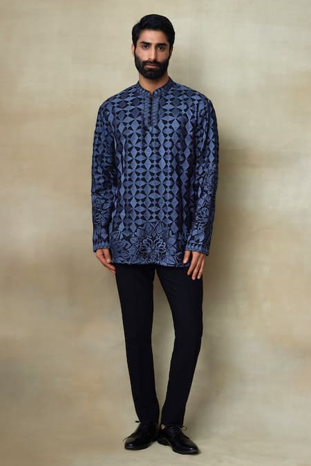 Shasha Gaba Blue Silk Pearls, Embroidery Geometric Pattern Short Kurta