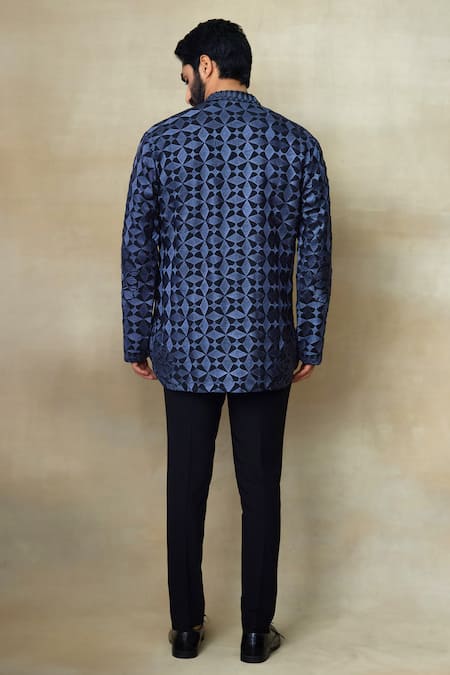 Shop SHASHA GABA Blue Silk Pearls, Embroidery Geometric Pattern Short Kurta at Aza Fashions Shop_SHASHA GABA_Blue Silk Pearls, Embroidery Geometric Pattern Short Kurta _at_Aza_Fashions