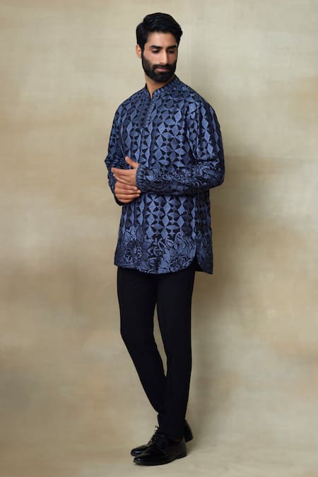 SHASHA GABA Blue Silk Pearls, Embroidery Geometric Pattern Short Kurta Online at Aza Fashions SHASHA GABA_Blue Silk Pearls, Embroidery Geometric Pattern Short Kurta _Online_at_Aza_Fashions