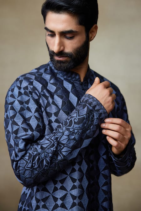Buy SHASHA GABA Blue Silk Pearls, Embroidery Geometric Pattern Short Kurta Online at Aza Fashions Buy_SHASHA GABA_Blue Silk Pearls, Embroidery Geometric Pattern Short Kurta _Online_at_Aza_Fashions