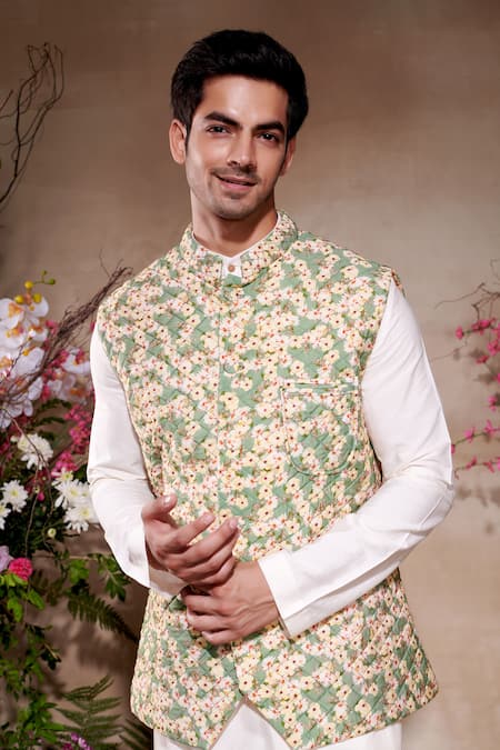 SHASHA GABA_Green Silk Embroidery Floral Print Nehru Jacket _Online_at_Aza_Fashions
