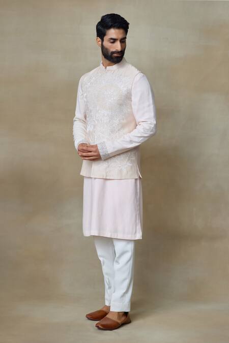 SHASHA GABA_Pink Silk Embroidery Resham Embellished Nehru Jacket _Online_at_Aza_Fashions