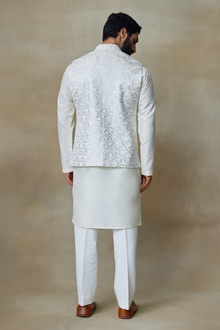 Shop SHASHA GABA White Silk Embroidery Geometric Embellished Nehru Jacket at Aza Fashions Shop_SHASHA GABA_White Silk Embroidery Geometric Embellished Nehru Jacket _at_Aza_Fashions