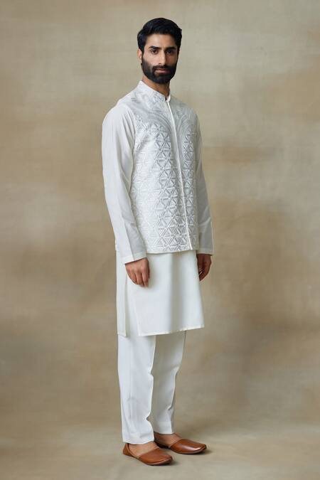 SHASHA GABA White Silk Embroidery Geometric Embellished Nehru Jacket Online at Aza Fashions SHASHA GABA_White Silk Embroidery Geometric Embellished Nehru Jacket _Online_at_Aza_Fashions