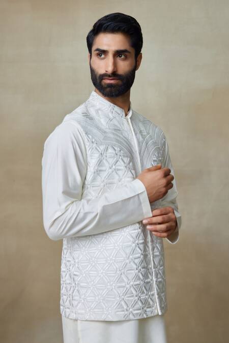 Buy SHASHA GABA White Silk Embroidery Geometric Embellished Nehru Jacket Online at Aza Fashions Buy_SHASHA GABA_White Silk Embroidery Geometric Embellished Nehru Jacket _Online_at_Aza_Fashions