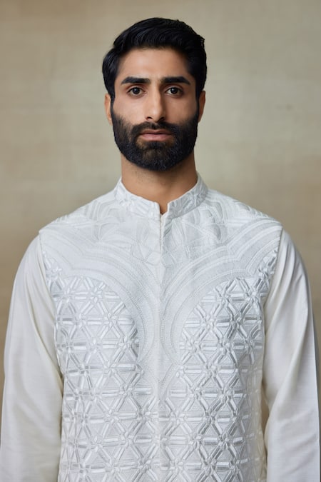 Shop SHASHA GABA White Silk Embroidery Geometric Embellished Nehru Jacket Online at Aza Fashions Shop_SHASHA GABA_White Silk Embroidery Geometric Embellished Nehru Jacket _Online_at_Aza_Fashions