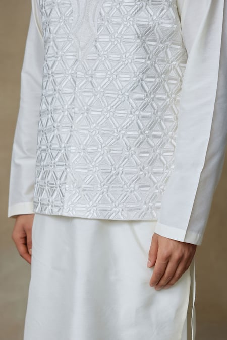 SHASHA GABA White Silk Embroidery Geometric Embellished Nehru Jacket at Aza Fashions SHASHA GABA_White Silk Embroidery Geometric Embellished Nehru Jacket _at_Aza_Fashions
