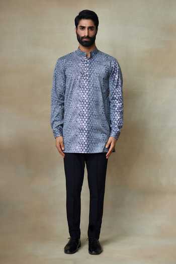SHASHA GABA Blue Silk Embroidery Printed Short Kurta Online at Aza Fashions SHASHA GABA_Blue Silk Embroidery Printed Short Kurta _Online_at_Aza_Fashions