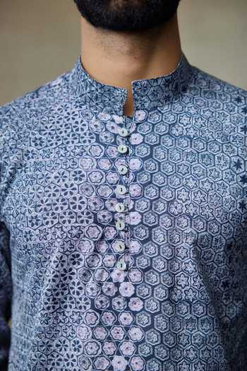 Buy SHASHA GABA Blue Silk Embroidery Printed Short Kurta Online at Aza Fashions Buy_SHASHA GABA_Blue Silk Embroidery Printed Short Kurta _Online_at_Aza_Fashions