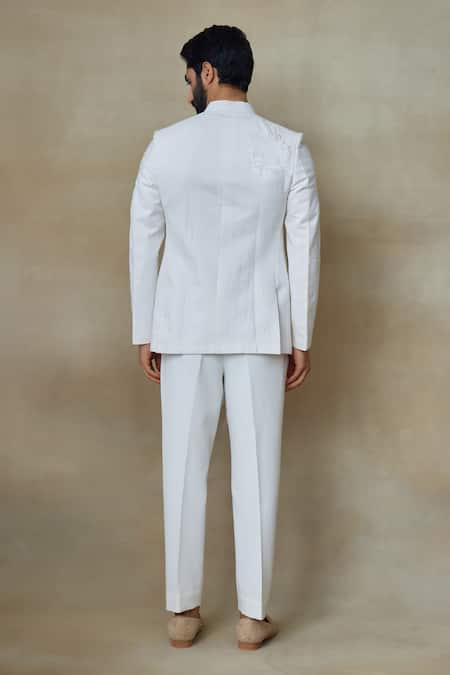 Shop SHASHA GABA White Silk Pearls, Zari Stripe Pattern Bandhgala at Aza Fashions Shop_SHASHA GABA_White Silk Pearls, Zari Stripe Pattern Bandhgala _at_Aza_Fashions