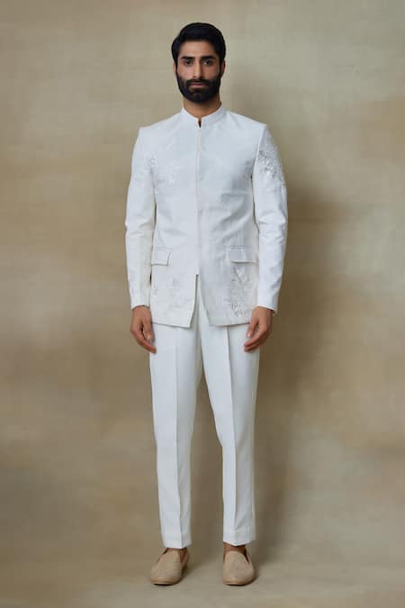 SHASHA GABA White Silk Pearls, Zari Stripe Pattern Bandhgala Online at Aza Fashions SHASHA GABA_White Silk Pearls, Zari Stripe Pattern Bandhgala _Online_at_Aza_Fashions