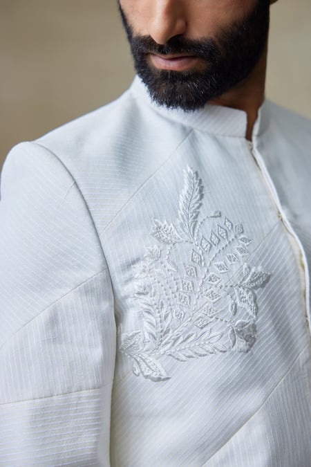 Shop SHASHA GABA White Silk Pearls, Zari Stripe Pattern Bandhgala Online at Aza Fashions Shop_SHASHA GABA_White Silk Pearls, Zari Stripe Pattern Bandhgala _Online_at_Aza_Fashions