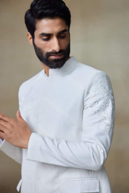 SHASHA GABA White Silk Pearls, Zari Stripe Pattern Bandhgala at Aza Fashions SHASHA GABA_White Silk Pearls, Zari Stripe Pattern Bandhgala _at_Aza_Fashions