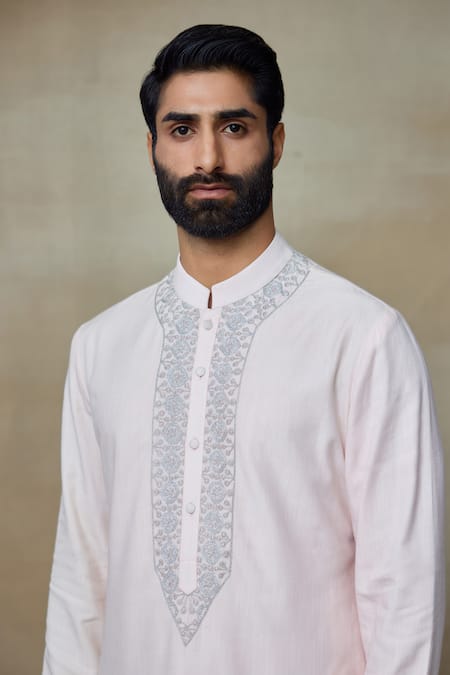 SHASHA GABA_Pink Silk Embroidery Zari Embellished Yoke Kurta _Online_at_Aza_Fashions